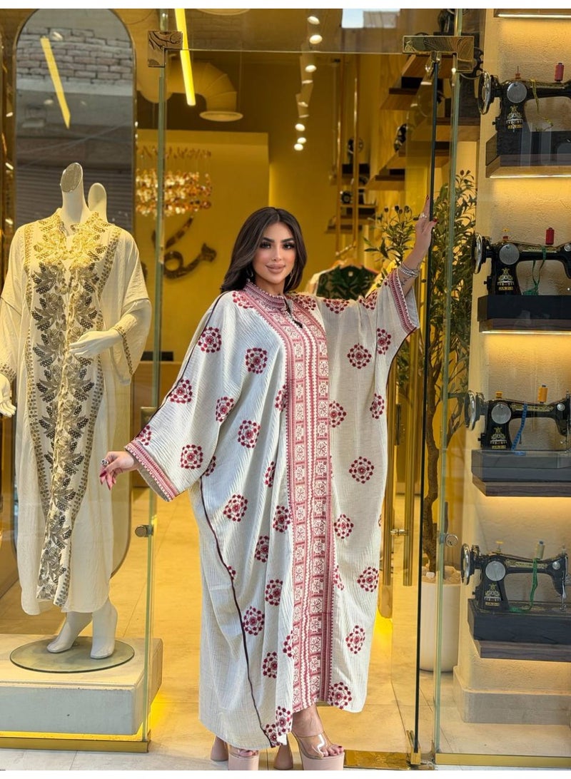 Luxurious pure linen abaya for women – featuring geometric handmade embroidery – relaxed, comfortable fit with wide sleeves - Image 4