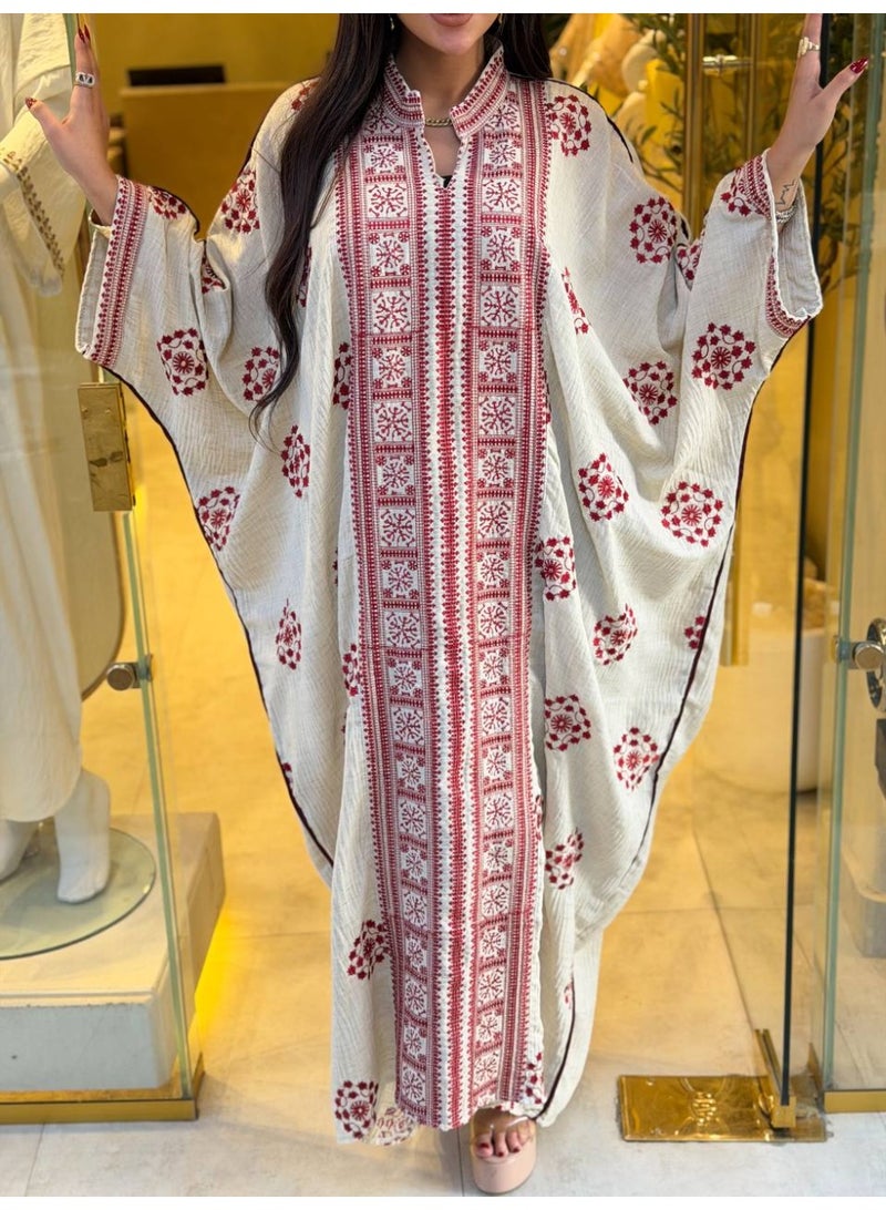 Luxurious pure linen abaya for women – featuring geometric handmade embroidery – relaxed, comfortable fit with wide sleeves - Image 5