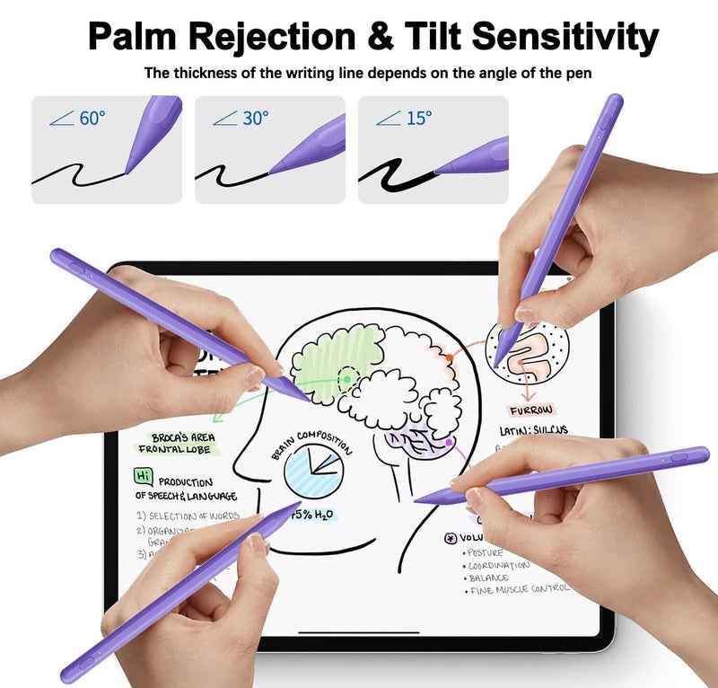 SuitMeeUp Pencil for iPad 11th/10th,2018-2025 Fast Charge Stylus Pen Palm Rejection Tilt Sensitivity Apple Pencil for iPad A16/11/10/9/8/7/6th,Pro 12.9"/11"/13" M5/M4,Air M3/M2/5/4,Mini A17/6th/5th-Purple - Image 3