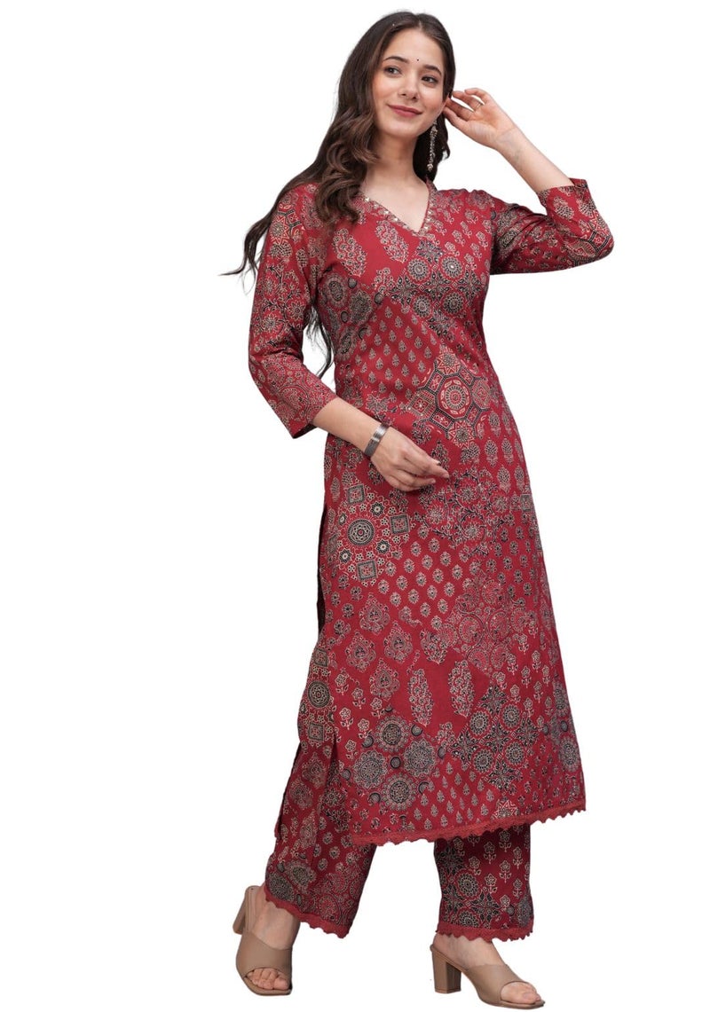 rytras Women's Pure Cotton Printed Straight Kurta Set with Palazzo Pants - Ethnic Wear, Maroon(RYT618-New,3XL) - Image 3