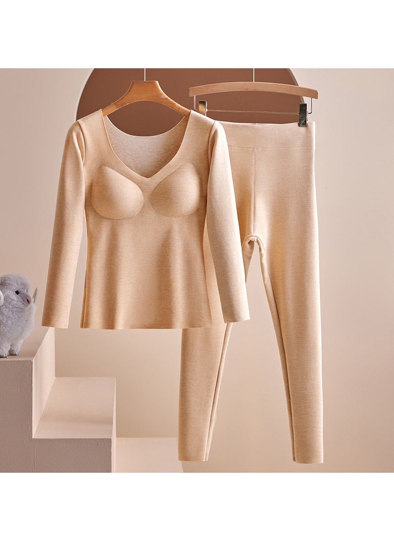 AUTOYSUR Women's Thermal Underwear Includes Chest Pad Long Johns with Lined Base Layer Cold Weather Pajamas Sets for 40kg-55kg (Beige)  - Image 1