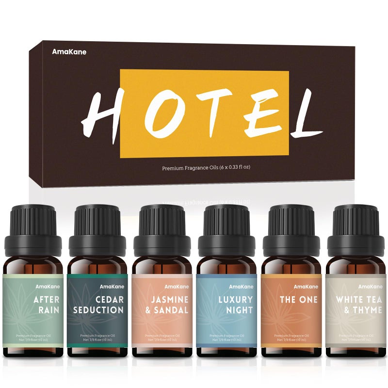 AmaKane Hotel Diffuser Oils, Hotel Scent Essential Oil, Fragrance Oil for Candle Making, Soap Scents for Making Soap, Aromatherapy Oils 6x10ml, Luxury Night, White Tea& Thyme, Jasmine& Sandal, More - Image 1