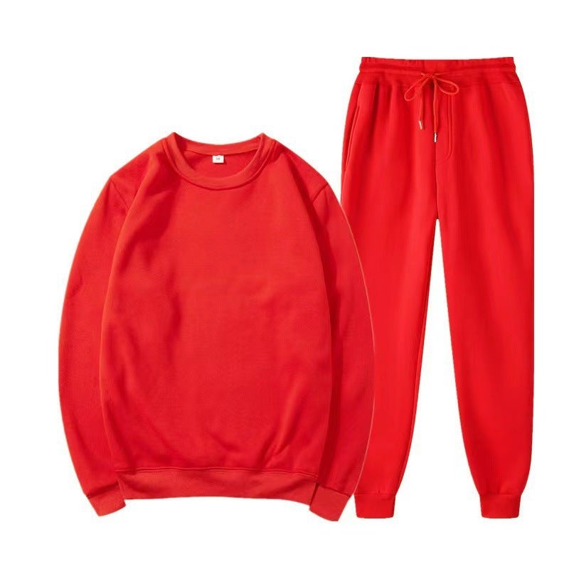 Generic Cross-border Mens and Womens Round Neck Sweatshirt Sports suit Solid Color Light Plate Fleece Loose Pullover Sportswear suit Red 