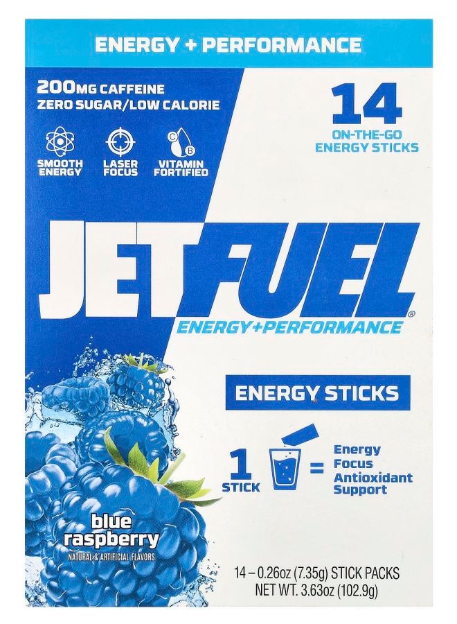 GAT عصي الطاقة والأداء JetFuel® بنكهة التوت الأزرق 14 عبوة عصي 0.26 أونصة (7.35 جرام) لكل منها - Image 1