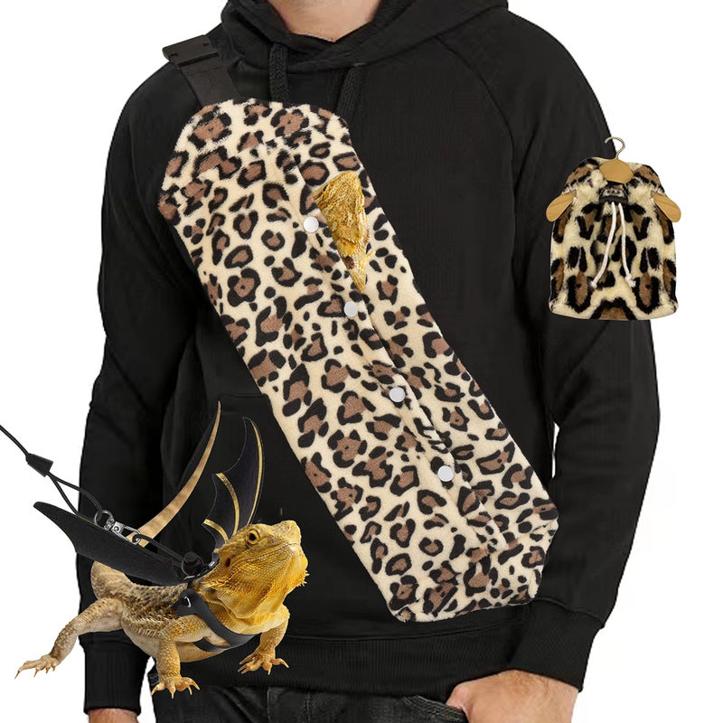 Yosadol Bearded Dragon Leash and Harness Set Beardie Carrier Lizard Adjustable Harness with Leather Wings and Sling Bag Reptile Small Pet Backpack Batwing Accessories Leopard Pattern - Image 2