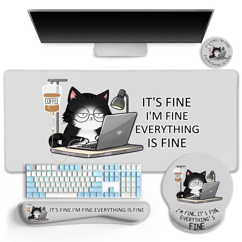 LIMKRIAN Cat Ergonomic Mouse Pad with Wrist Rest Desk Mat Sets Accessories, Cute Mouse Pads for Desk, Gaming Mouse Pad Wrist Support, Keyboard Mat Wrist Rest Cup Coaster Funny Office Desk Accessories - Image 1