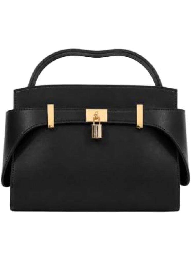 OURA Sia Faux Leather Top Handle Handbag with Lock Closure, Black
