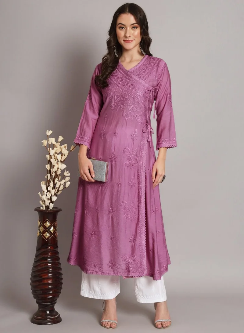 Alaya Hand Embroidered Chikankari A-Line Chanderi Cotton Angarkha Kurta-AL3667