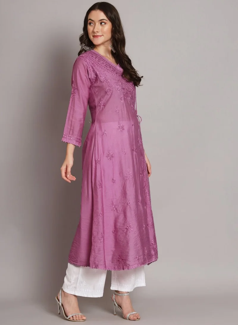 Alaya Hand Embroidered Chikankari A-Line Chanderi Cotton Angarkha Kurta-AL3667