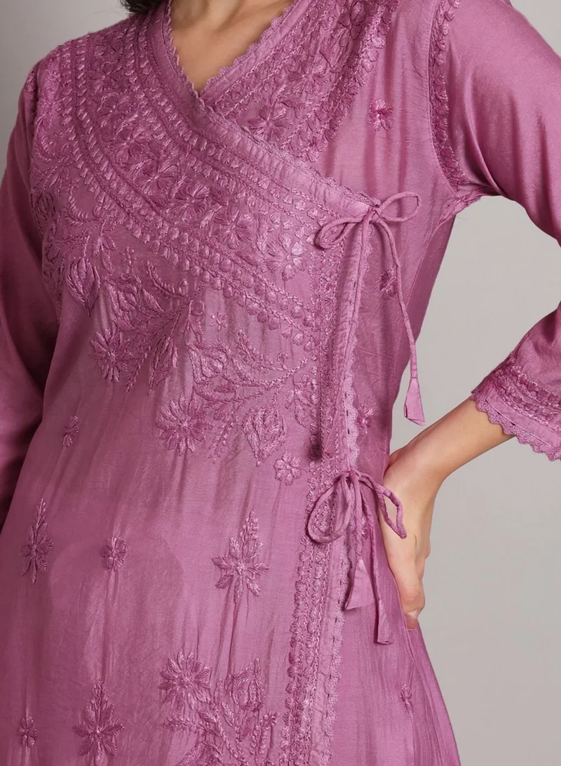 Alaya Hand Embroidered Chikankari A-Line Chanderi Cotton Angarkha Kurta-AL3667