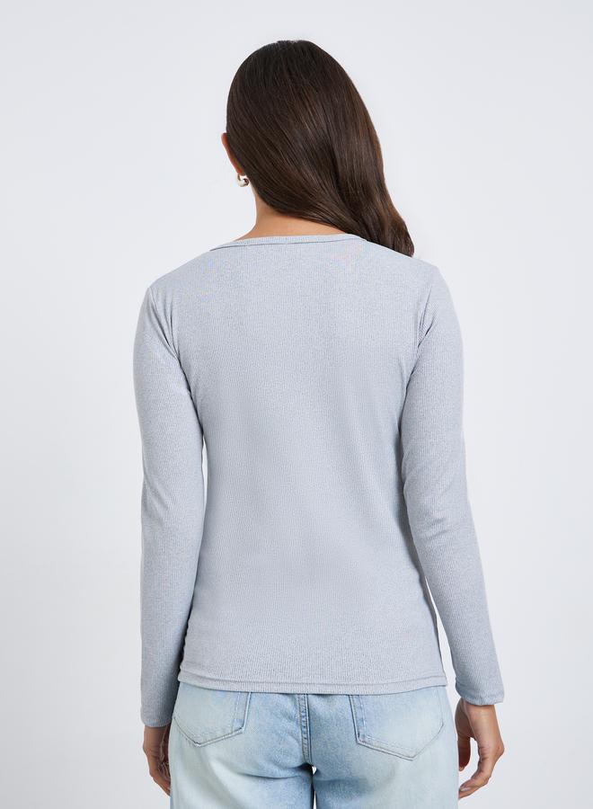 ستايلي تيشيرت نسائي سادة بياقة هينلي مضلع - Image 5