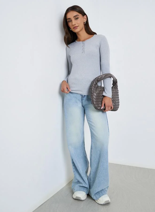 ستايلي Women Plain Henley Neck Ribbed T-Shirt