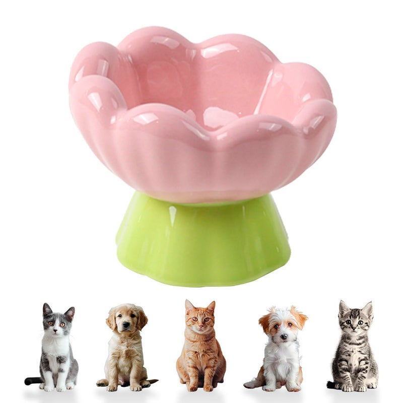 DIF DECO Ceramic Raised Cat Bowl, Pink Elevated Food Bowls for Food and Water Protecting Spine and Whiskelfriendly,Tulip Shape Cute Pet Feeder Dish for Indoor Cats and Small Doas(Height 4.1 inch) - Image 1