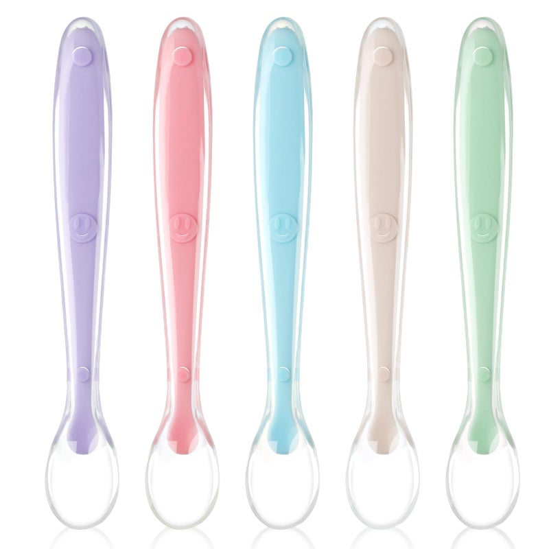Vicloon Baby Silicone Spoons, 5 PCS Baby Training Feeding Spoons for First Stage 4 Months Toddlers, Infants Utensils Feeding Supplies, Soft Tip BPA Free Gum-Friendly Dishwasher Boil-Proof - Image 1