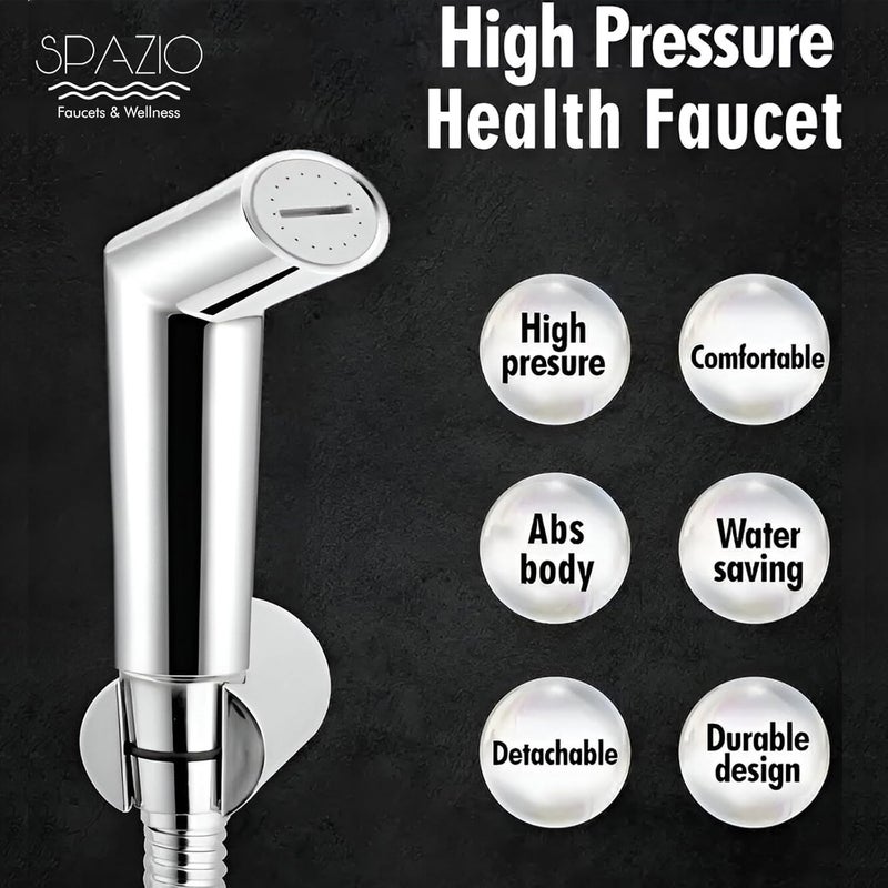 Spazio Opal Series Brass 2 Way Bib Cock Wall Mount Pack of 1 Switch Health Faucet SS 15m Tube for Bathroom Chrome Finish Silver Plated Twin Elbow Valve Faucet Wall Mount Installation Type - Image 5