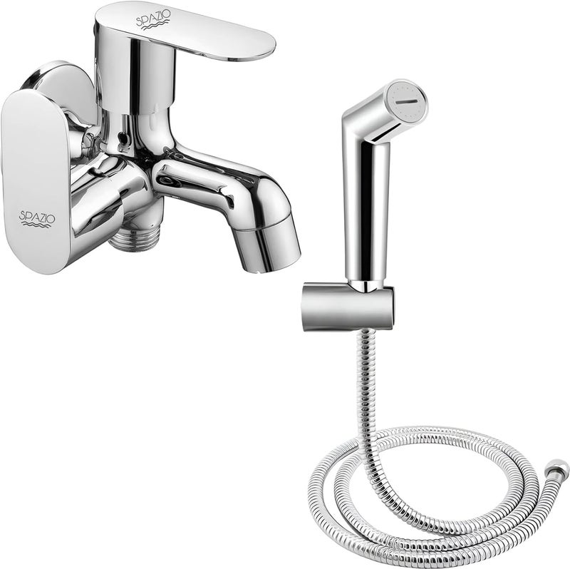 Spazio Opal Series Brass 2 Way Bib Cock Wall Mount Pack of 1 Switch Health Faucet SS 15m Tube for Bathroom Chrome Finish Silver Plated Twin Elbow Valve Faucet Wall Mount Installation Type - Image 1