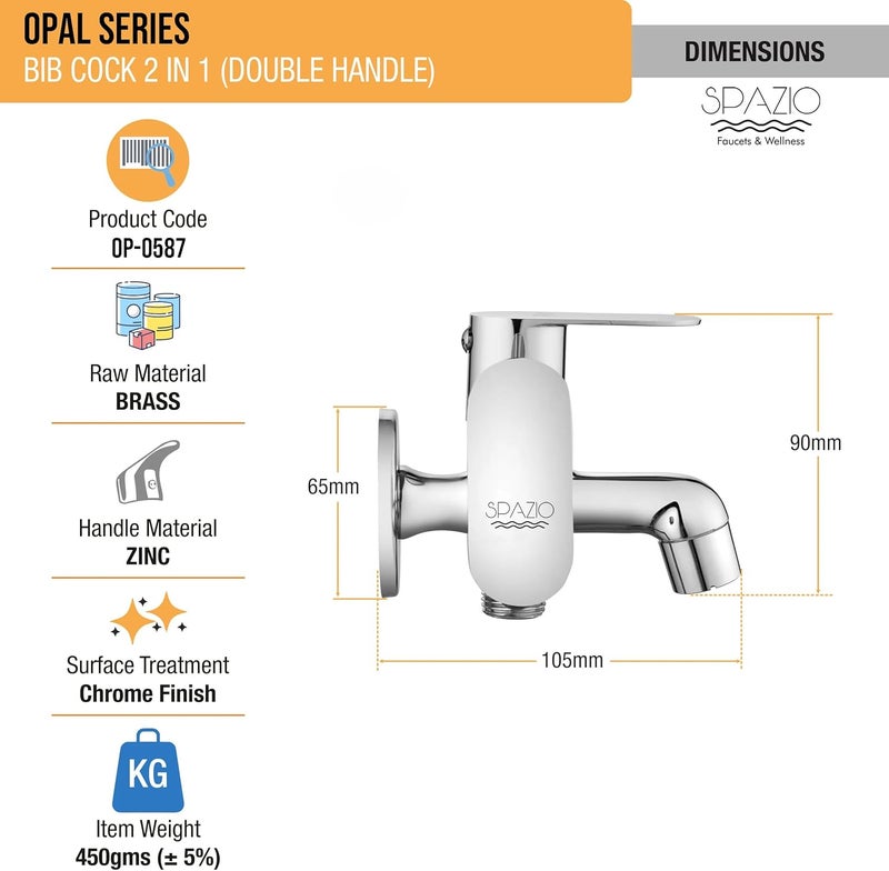 Spazio Opal Series Brass 2 Way Bib Cock Wall Mount Pack of 1 Switch Health Faucet SS 15m Tube for Bathroom Chrome Finish Silver Plated Twin Elbow Valve Faucet Wall Mount Installation Type - Image 2