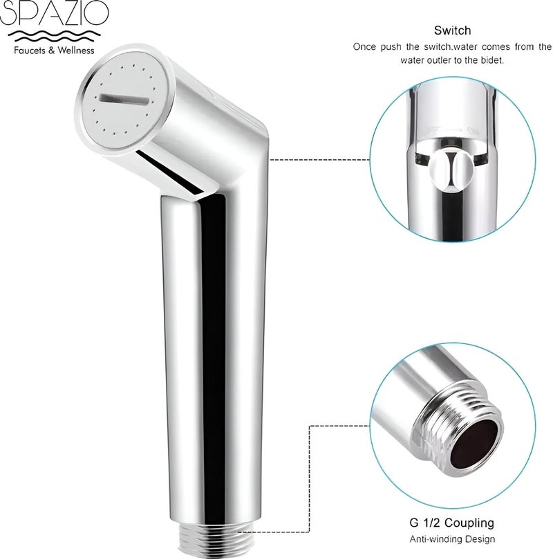 Spazio Opal Series Brass 2 Way Bib Cock Wall Mount Pack of 1 Switch Health Faucet SS 15m Tube for Bathroom Chrome Finish Silver Plated Twin Elbow Valve Faucet Wall Mount Installation Type - Image 3