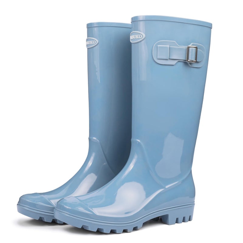 DKSUKO Women's Tall Rain Boots Garden Boots Waterproof Wellington Rubber Boots (8 B(M) US, Bright Lake Blue) - Image 4