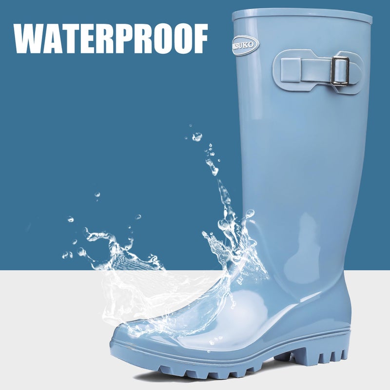 DKSUKO Women's Tall Rain Boots Garden Boots Waterproof Wellington Rubber Boots (8 B(M) US, Bright Lake Blue) - Image 2