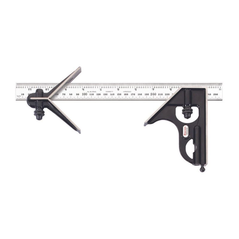 Starrett Steel Combination Square with Square Head and Center Heads - 300mm Blade Length, Forged and Hardened Steel Heads, Reversible Lock Bolt, 36 Graduation Type - C33MEHC-300 - Image 1