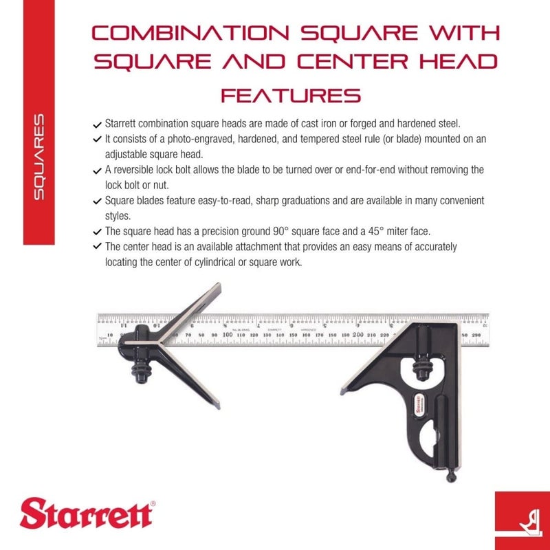 Starrett Steel Combination Square with Square Head and Center Heads - 300mm Blade Length, Forged and Hardened Steel Heads, Reversible Lock Bolt, 36 Graduation Type - C33MEHC-300 - Image 2