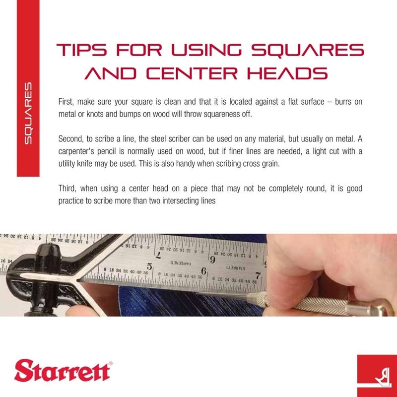 Starrett Steel Combination Square with Square Head and Center Heads - 300mm Blade Length, Forged and Hardened Steel Heads, Reversible Lock Bolt, 36 Graduation Type - C33MEHC-300 - Image 4