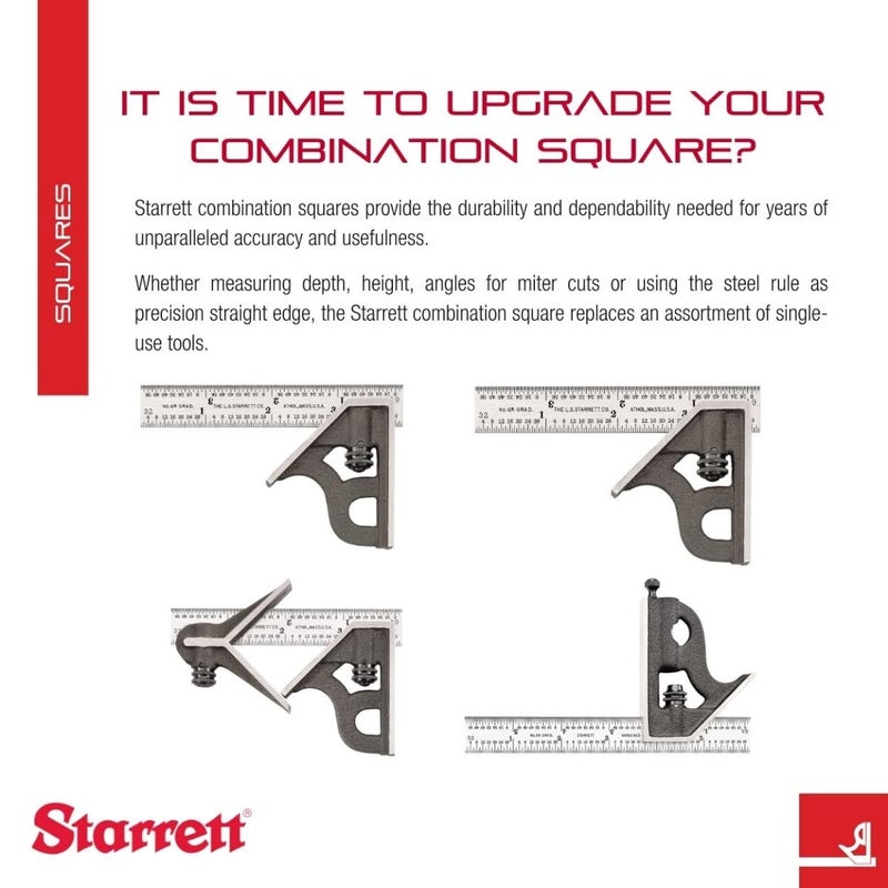 Starrett Steel Combination Square with Square Head and Center Heads - 300mm Blade Length, Forged and Hardened Steel Heads, Reversible Lock Bolt, 36 Graduation Type - C33MEHC-300 - Image 3