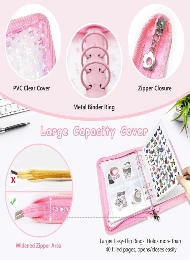 Ruatu Sticker Storage Organizer Binder A5 Sticker Collecting Book Reusable Zipper Album with Clear Laser Star Cover and Pocket Pages (Pink) - Image 2