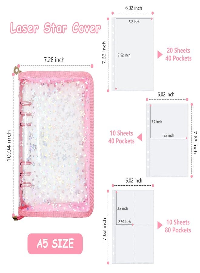 Ruatu Sticker Storage Organizer Binder A5 Sticker Collecting Book Reusable Zipper Album with Clear Laser Star Cover and Pocket Pages (Pink) - Image 5