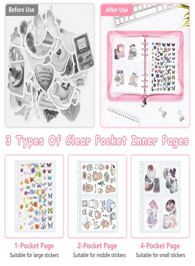 Ruatu Sticker Storage Organizer Binder A5 Sticker Collecting Book Reusable Zipper Album with Clear Laser Star Cover and Pocket Pages (Pink) - Image 3