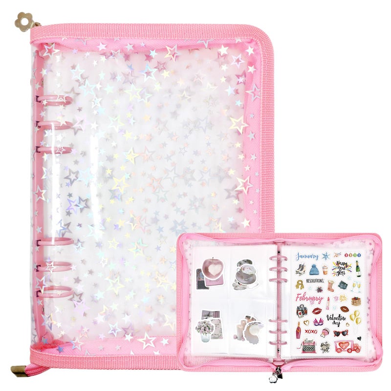 Ruatu Sticker Storage Organizer Binder A5 Sticker Collecting Book Reusable Zipper Album with Clear Laser Star Cover and Pocket Pages (Pink) - Image 1