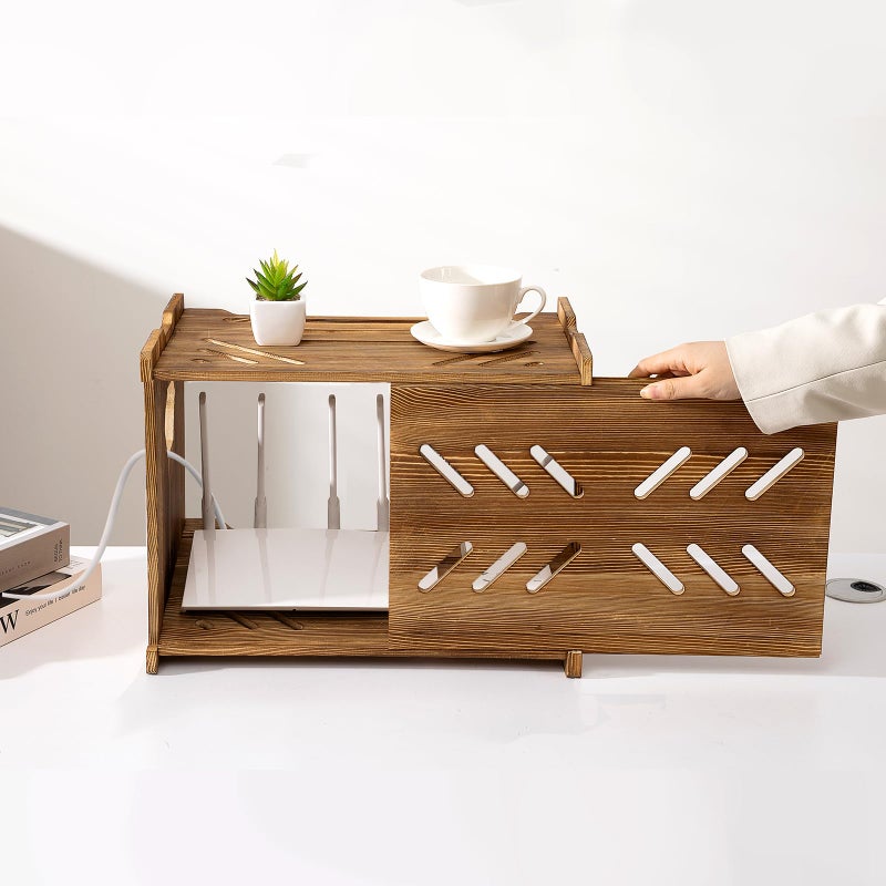 CABTE Solid Wood Projector Shelf Router Shelf Projector Stand Router Storage Box Router Cover Organized Modem Cable Power Strip Cable Management Hider Rack by Need Assembly (Rustic Brown) - Image 1