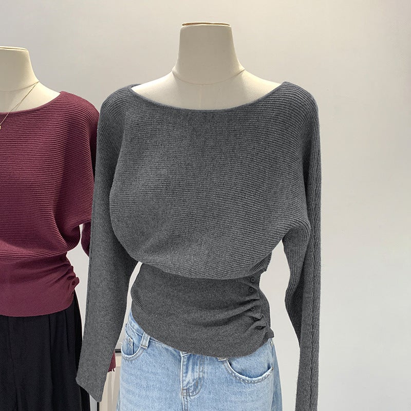 Navy Blue Off-Shoulder Off-Shoulder Knit Sweater Women'S Slim-Fit Elegant Sweater Inner Base Shirt Top - Image 2