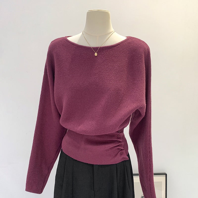 Navy Blue Off-Shoulder Off-Shoulder Knit Sweater Women'S Slim-Fit Elegant Sweater Inner Base Shirt Top - Image 5