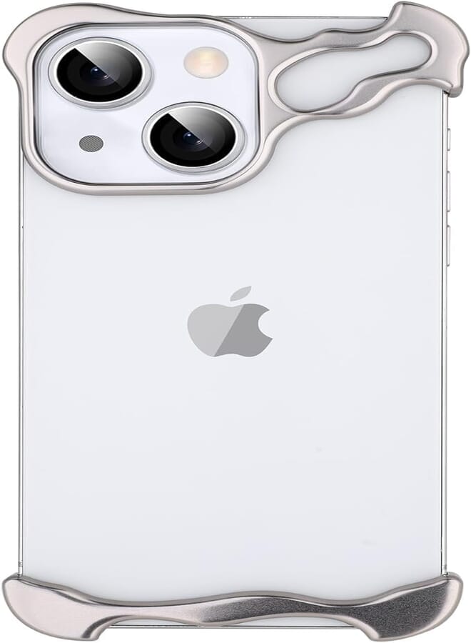 Next Next Store Special-Shaped Metal Corner Pad Anti-Fall Phone Case Compatible For iPhone, Borderless Slim No Back Bumper with Camera Cover Bumper Phone Case Compatible For iPhone 15 Pro Max (Gray)