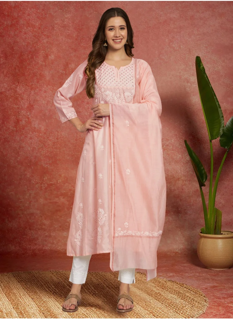 Alaya Hand embroidered Chikankari Chanderi Cotton Kurta Set and Dupatta with Mukaish-AL3665KS