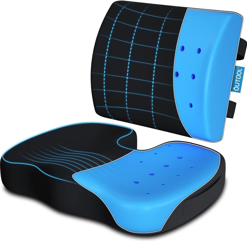 QUTOOL Memory Foam Seat Cushion & Lumbar Support Pillow for Office Chair Car Wheelchair Orthopedic Chair Pad and Back Cushion with Adjustable Straps for Lower Back, Tailbone, Sciatica, Hip Pain Relief - Image 1