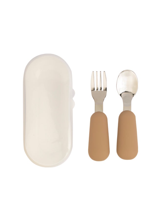 Babies Basic Stainless Steel Cutlery Set With Spoon And Fork With Travel Case - Cream  - Image 1