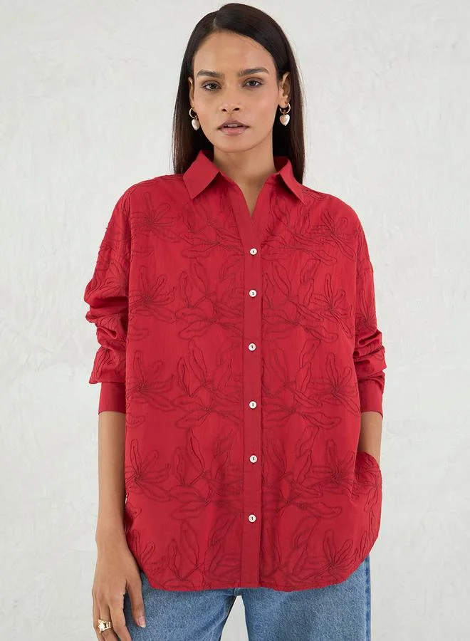 فيميلا Femmella Red Embroidered Cotton Longline Shirt