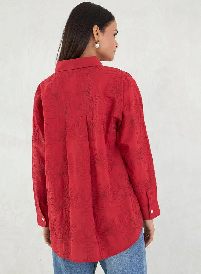 فيميلا Femmella Red Embroidered Cotton Longline Shirt