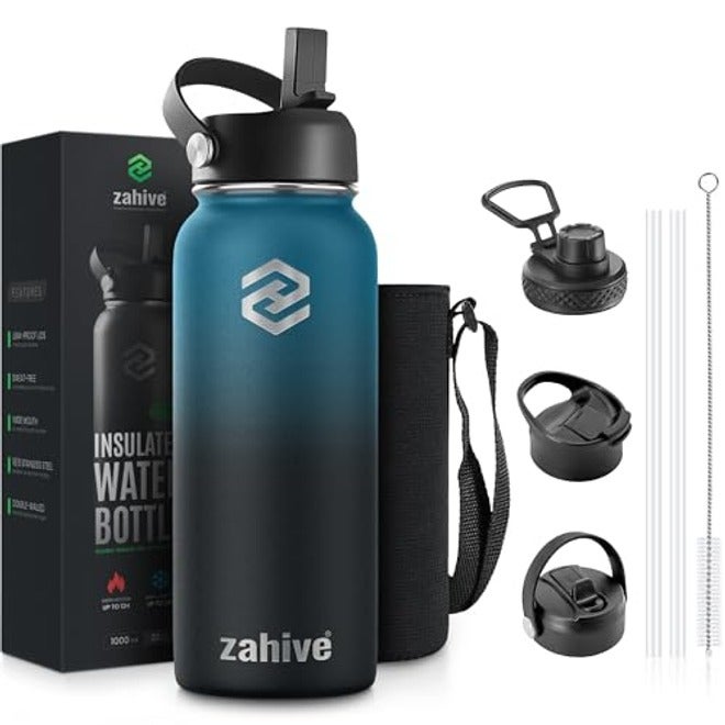 Zahive 1L Insulated Stainless Steel Water Bottle with 3 Lids & Bag - Leak-Proof Flask for Hot & Cold Drinks