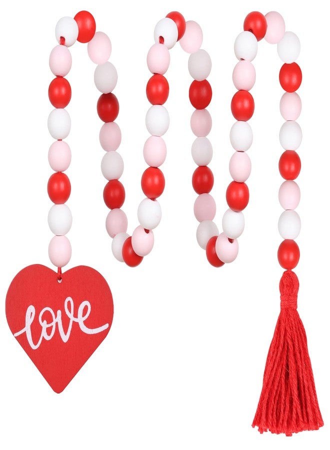 Meplait Valentine's Day Wood Beaded Garland with Tassel, Valentines Day Tiered Tray Decor Farmhouse Rustic Beads Garland with Red Heart for Wall Hanging Home Decorations - Image 1