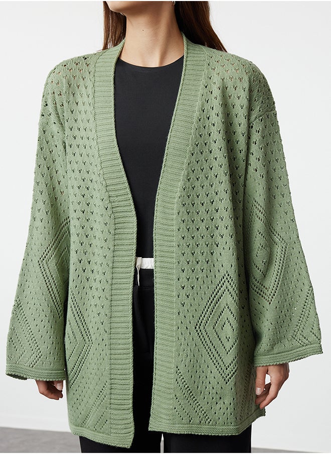 trendyol Mint Oversize Midi Openwork/Perforated Knitwear Cardigan TWOAW24HI00331  - Image 4