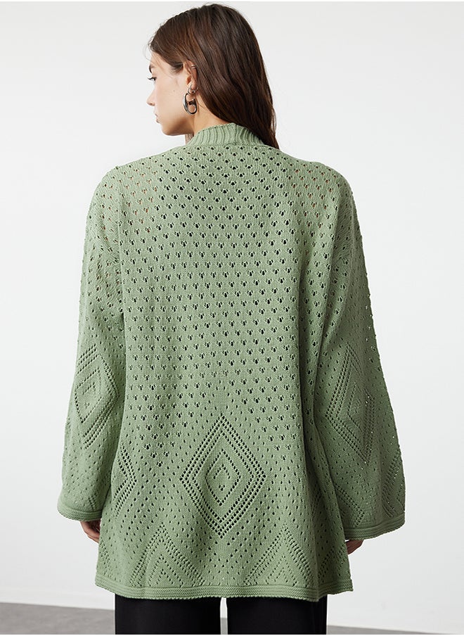 trendyol Mint Oversize Midi Openwork/Perforated Knitwear Cardigan TWOAW24HI00331  - Image 5