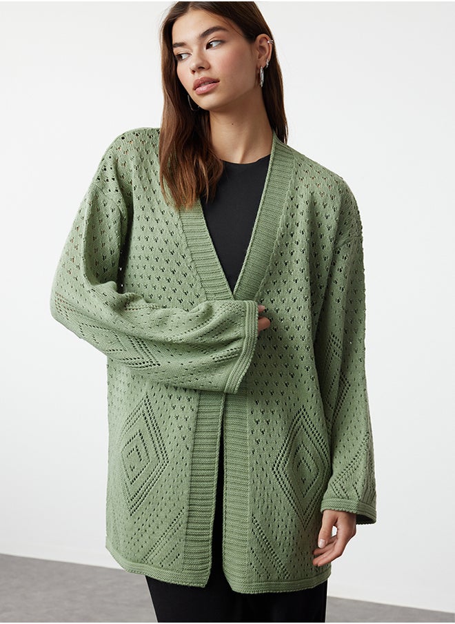 trendyol Mint Oversize Midi Openwork/Perforated Knitwear Cardigan TWOAW24HI00331  - Image 2