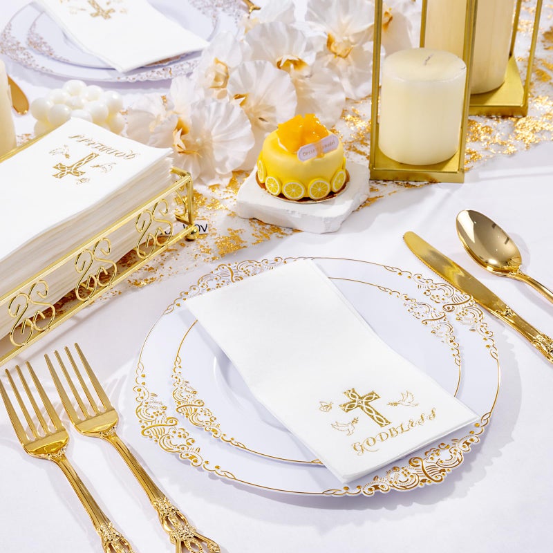 Joyido 50 Pack Cross Paper Napkins - Easter Napkins Disposable - Gold Cloth-Like Feel Dinner Paper - Heavy Duty Hand Towels for Religious Party  Baptism  Confirmation  Christening  First Communion - Image 3
