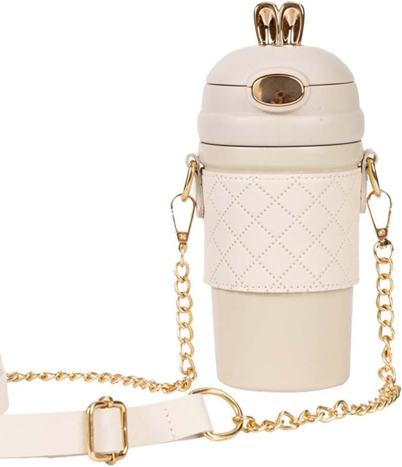 DARKFISH Stainless Steel Coffee and Tea Cup with Strap and Straw Cute Rabbit Ear Design Insulated Water Bottle for School Office and Picnic 500ML LeakProof Thermos Bottle with Hand Grip1Pcs  - Image 1