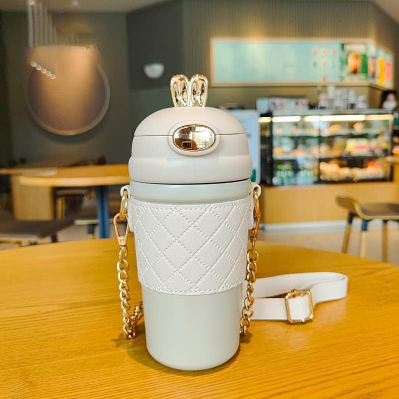 DARKFISH Stainless Steel Coffee and Tea Cup with Strap and Straw Cute Rabbit Ear Design Insulated Water Bottle for School Office and Picnic 500ML LeakProof Thermos Bottle with Hand Grip1Pcs  - Image 2