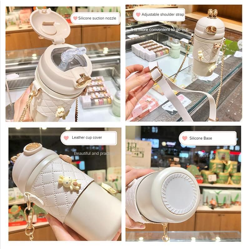 DARKFISH Stainless Steel Coffee and Tea Cup with Strap and Straw Cute Rabbit Ear Design Insulated Water Bottle for School Office and Picnic 500ML LeakProof Thermos Bottle with Hand Grip1Pcs  - Image 3